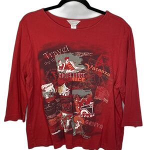 CJ Banks Shirt Red 3/4 Sleeve Travel the World Womens Size X Made in USA